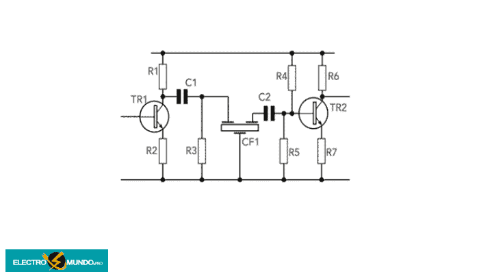 Circuito cerámico de filtro pasabanda usando transistores y mostrando los arreglos de DC
