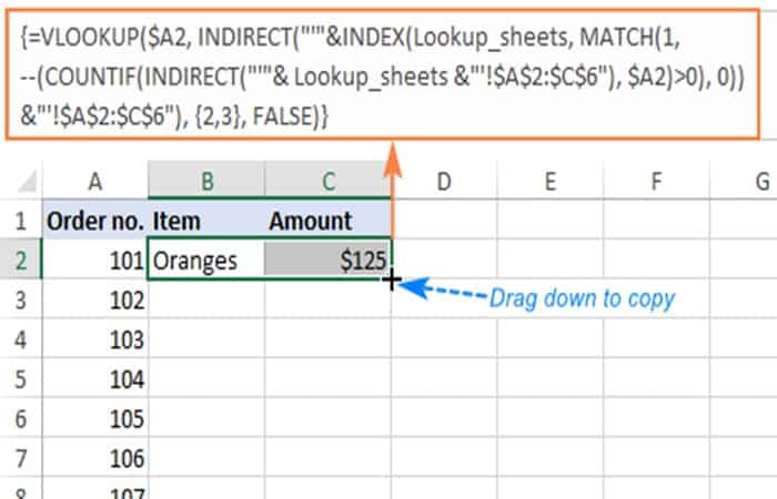 IFNA (VLOOKUP($A2, INDIRECT ("'"&INDEX (Lookup_sheets, MATCH (1, --(COUNTIF(INDIRECT ("'" & Lookup_sheets & "'!$A$2:$A$6"), $A2)>0), 0)) & "'!$A$2:$C$6"), 3, FALSE), "Not found")