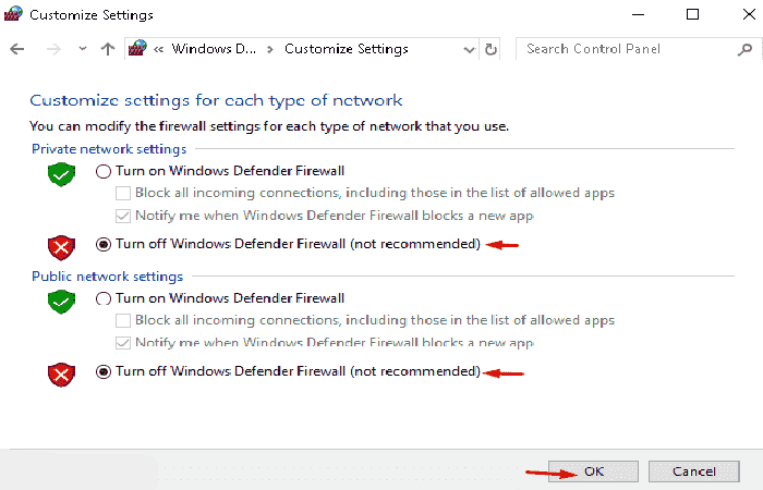 Desactiva el Firewall de Windows Defender