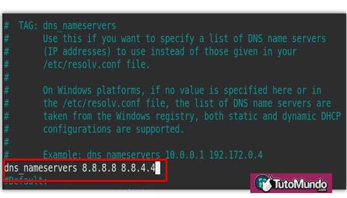 Especificación de los servidores de nombres DNS a utilizar