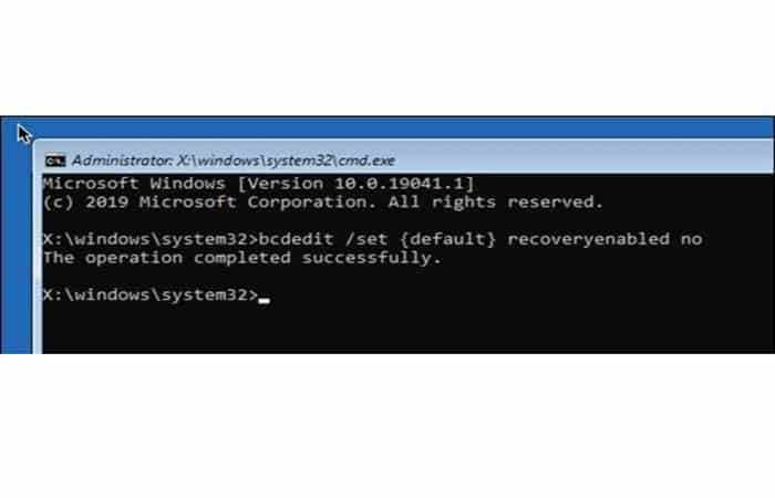 bcdedit / set {current} recoveryenabled no
